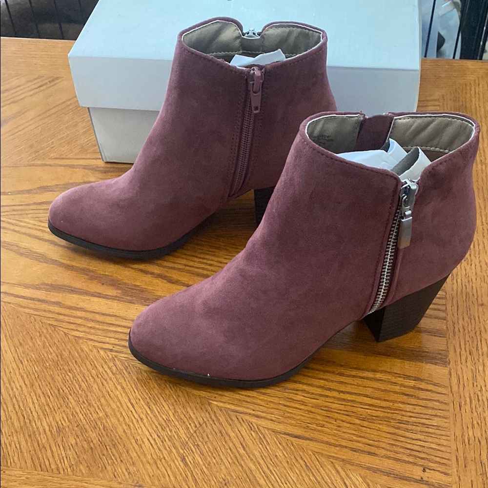 Style & Co Burgundy Suede Ankle Boots with Chunky Heel